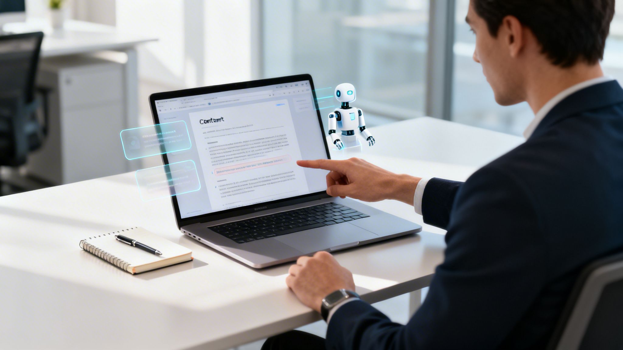 Man interacts with AI assistant robot and laptop, reviewing brand content in a modern office.
