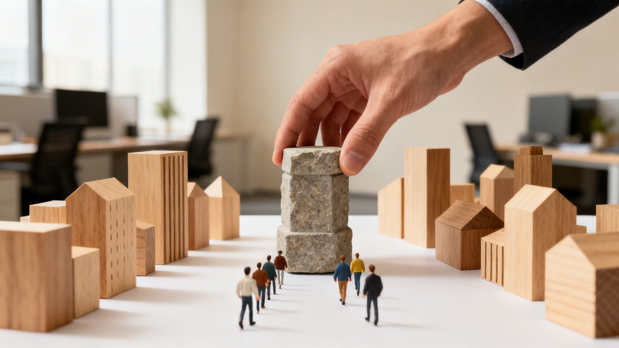 A hand places a stone block in a miniature city model with tiny people, symbolizing urban development.