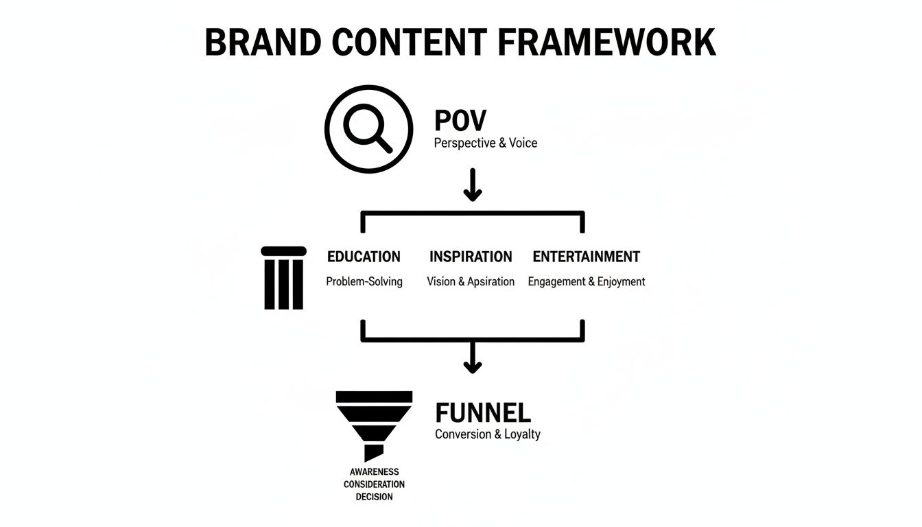 A brand content framework diagram showing the flow from POV to content types like education, inspiration, and entertainment, leading to a marketing funnel.