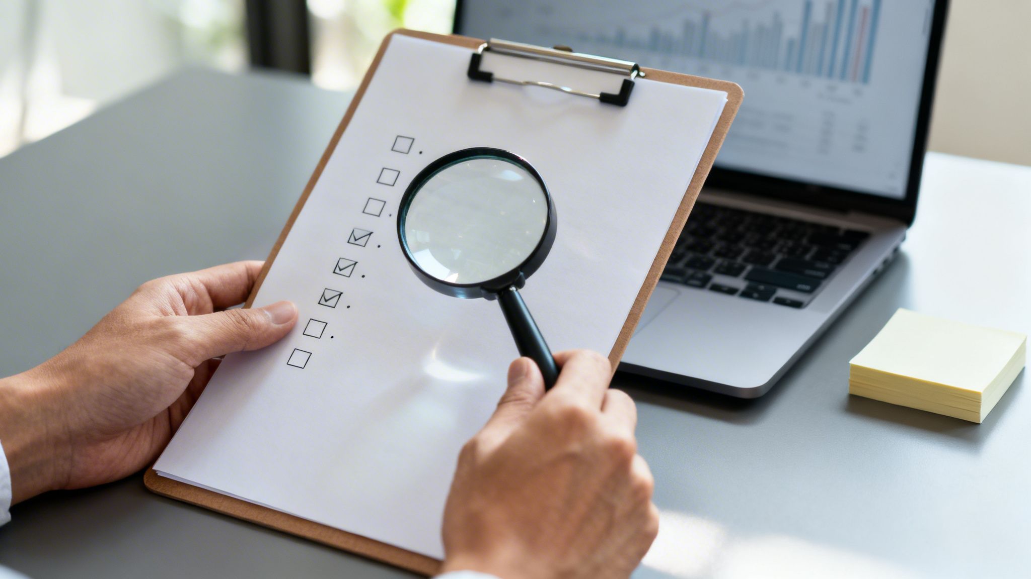 Person reviewing a checklist on a clipboard with a magnifying glass, laptop in background.