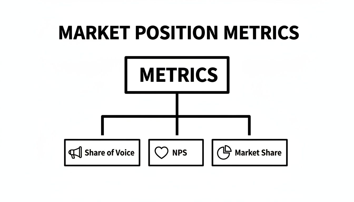 Market position metrics infographic showing Share of Voice, NPS, and Market Share.