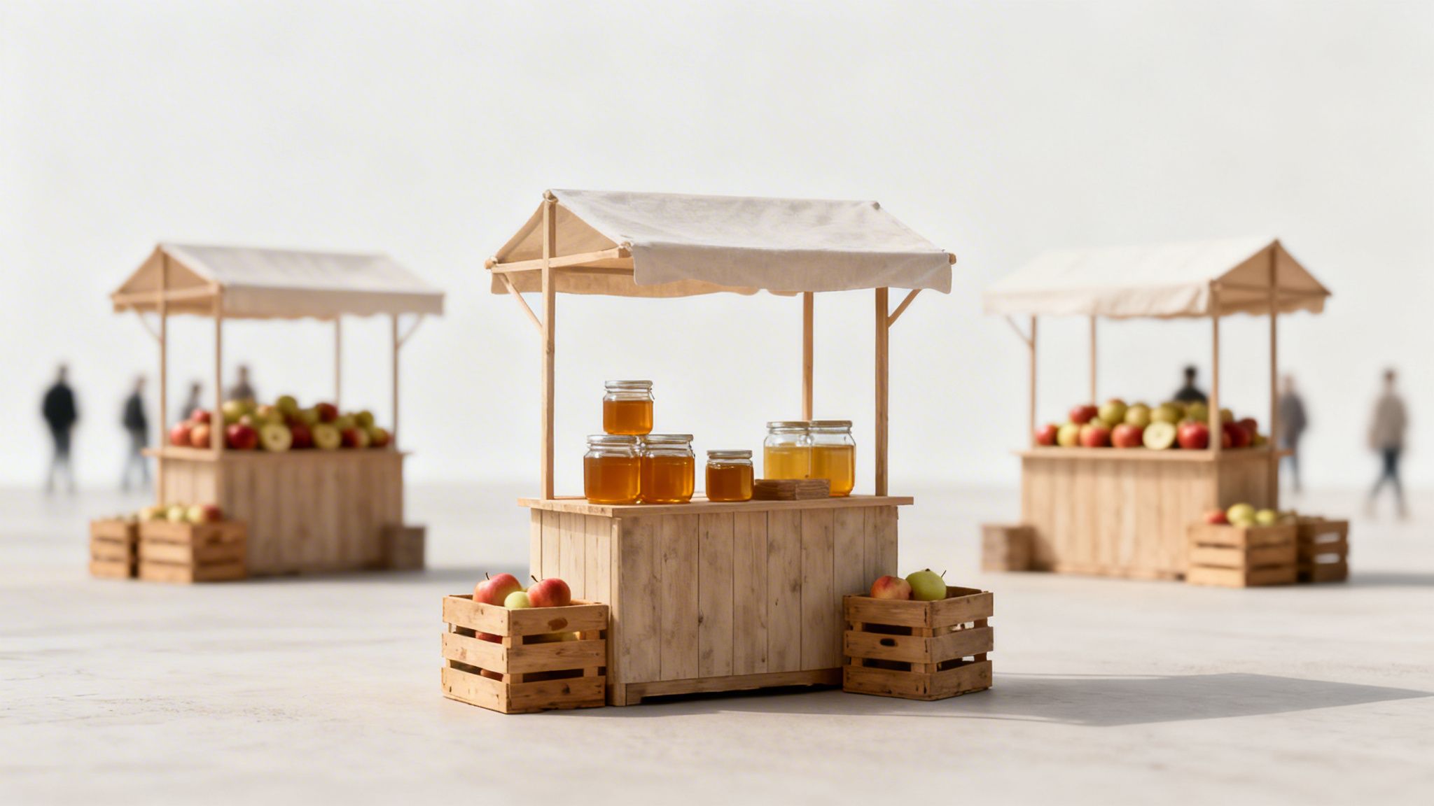 Three miniature market stalls, with honey jars and apples, and blurred figures in the background.