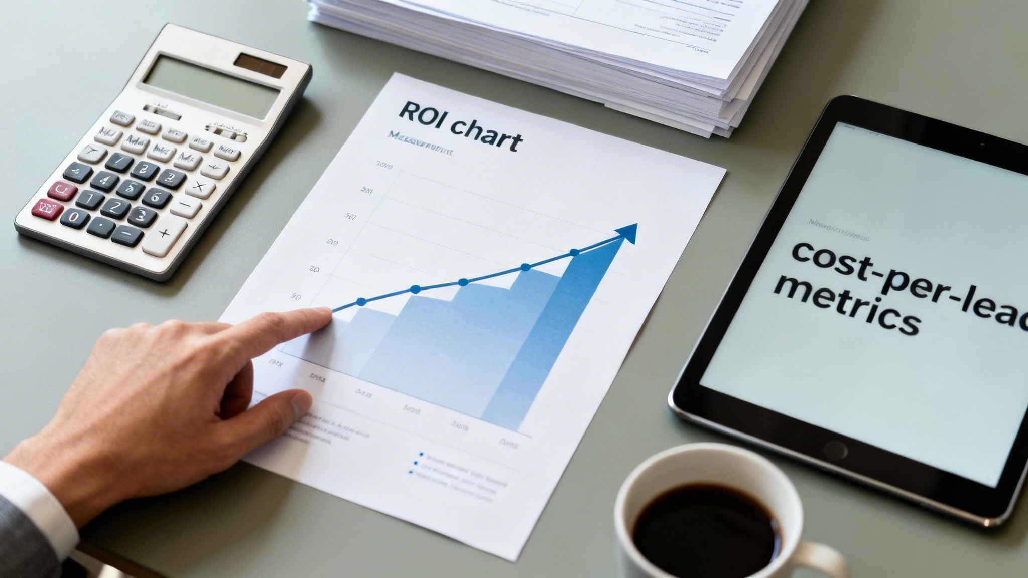A hand points to a rising ROI chart on a desk with a calculator, tablet, and coffee.