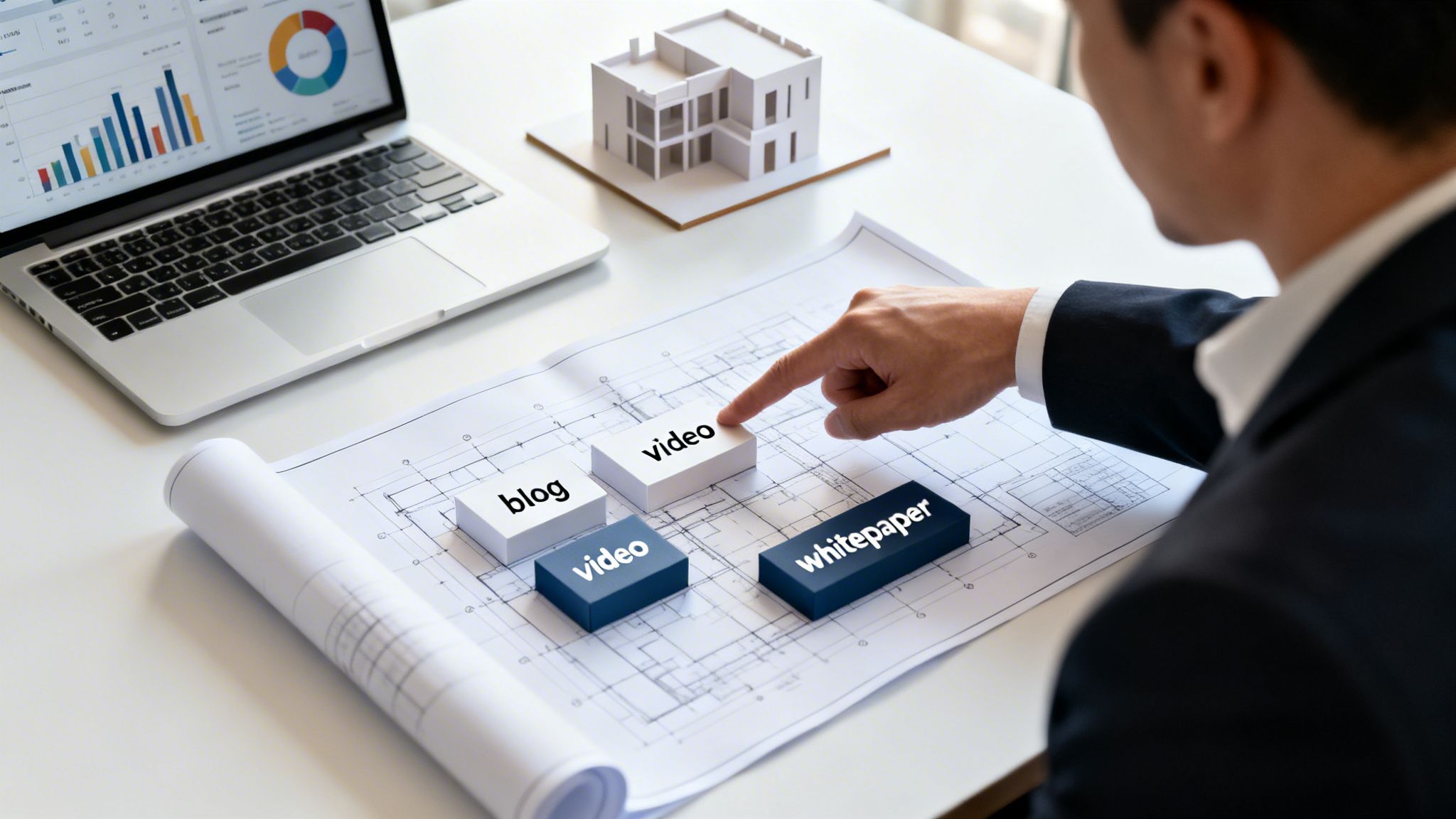 A person points to a 'video' content block on a blueprint with other content types.