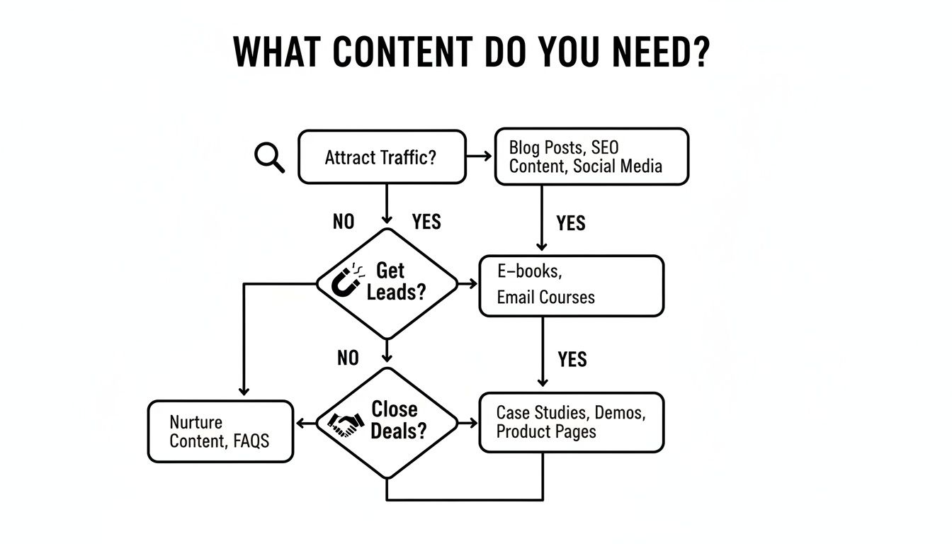 Flowchart guiding content types needed based on marketing goals: attract traffic, get leads, close deals.
