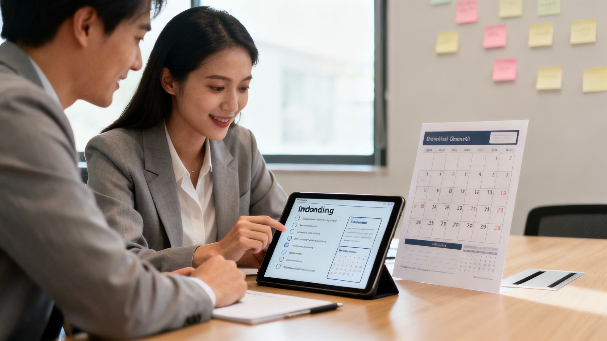 Two smiling professionals collaborate in an office, reviewing content on a tablet with a calendar.
