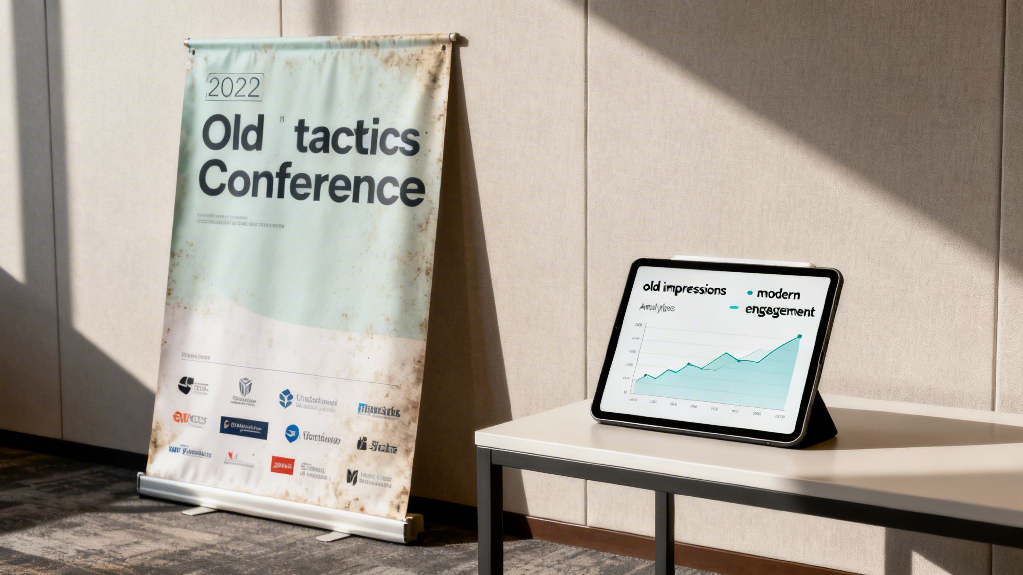A conference banner for the 'Old Tactics Conference' with sponsor logos, and a tablet displaying a chart.