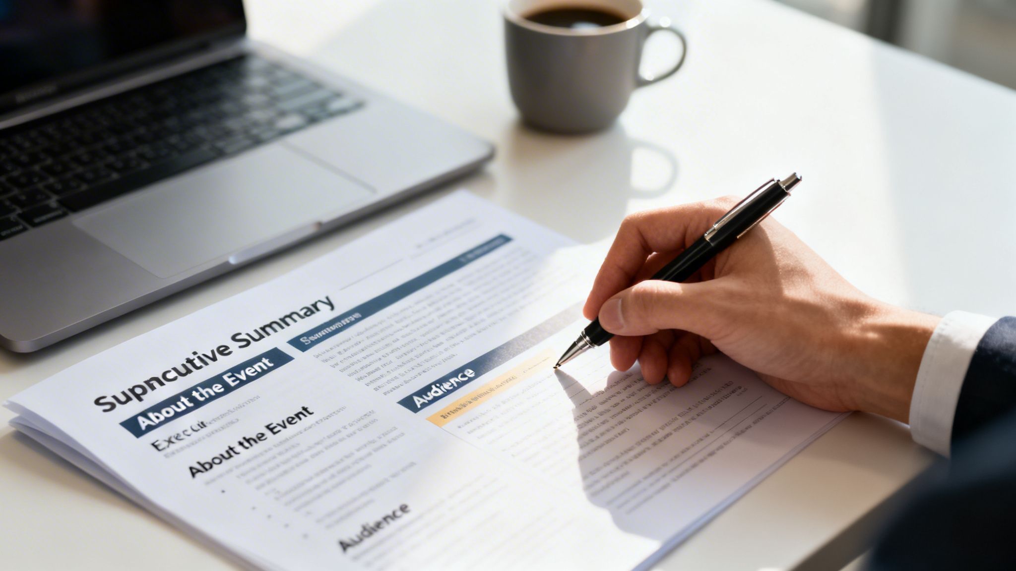 A person's hand highlights text on an event sponsorship proposal document next to a laptop and coffee.