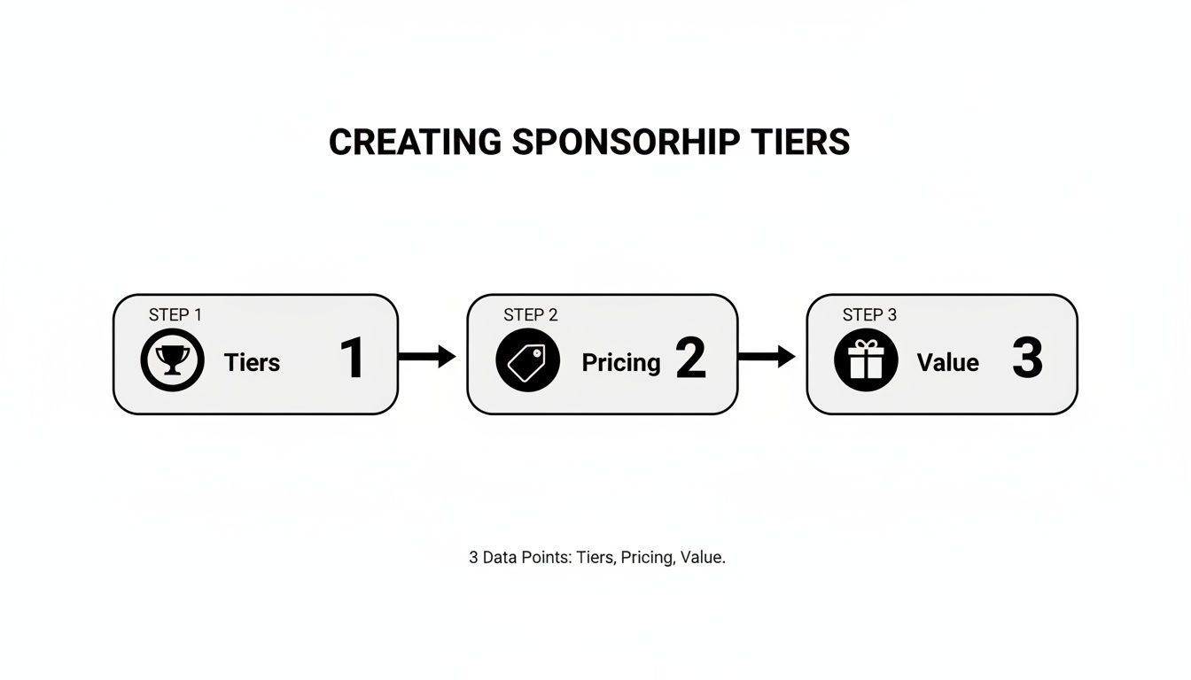 A diagram outlining three steps for creating sponsorship tiers: Tiers, Pricing, and Value.