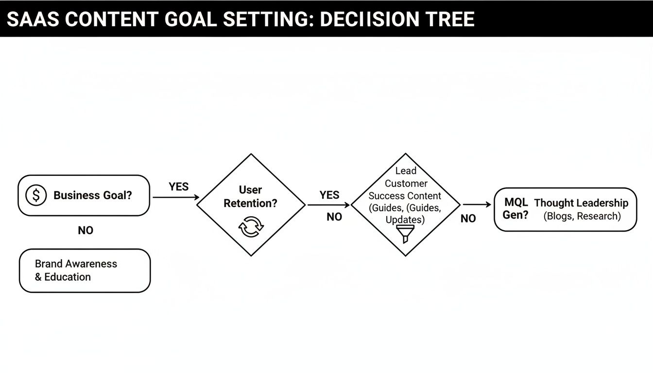 A SaaS content goal setting decision tree flowchart for content strategy.