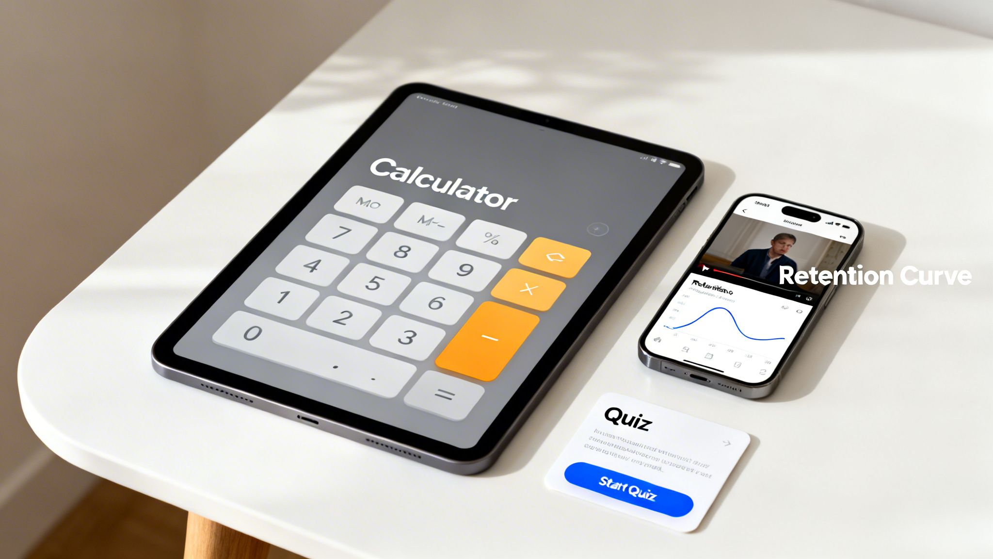 A digital learning setup on a white desk with a tablet, smartphone showing a retention curve, and a quiz card.