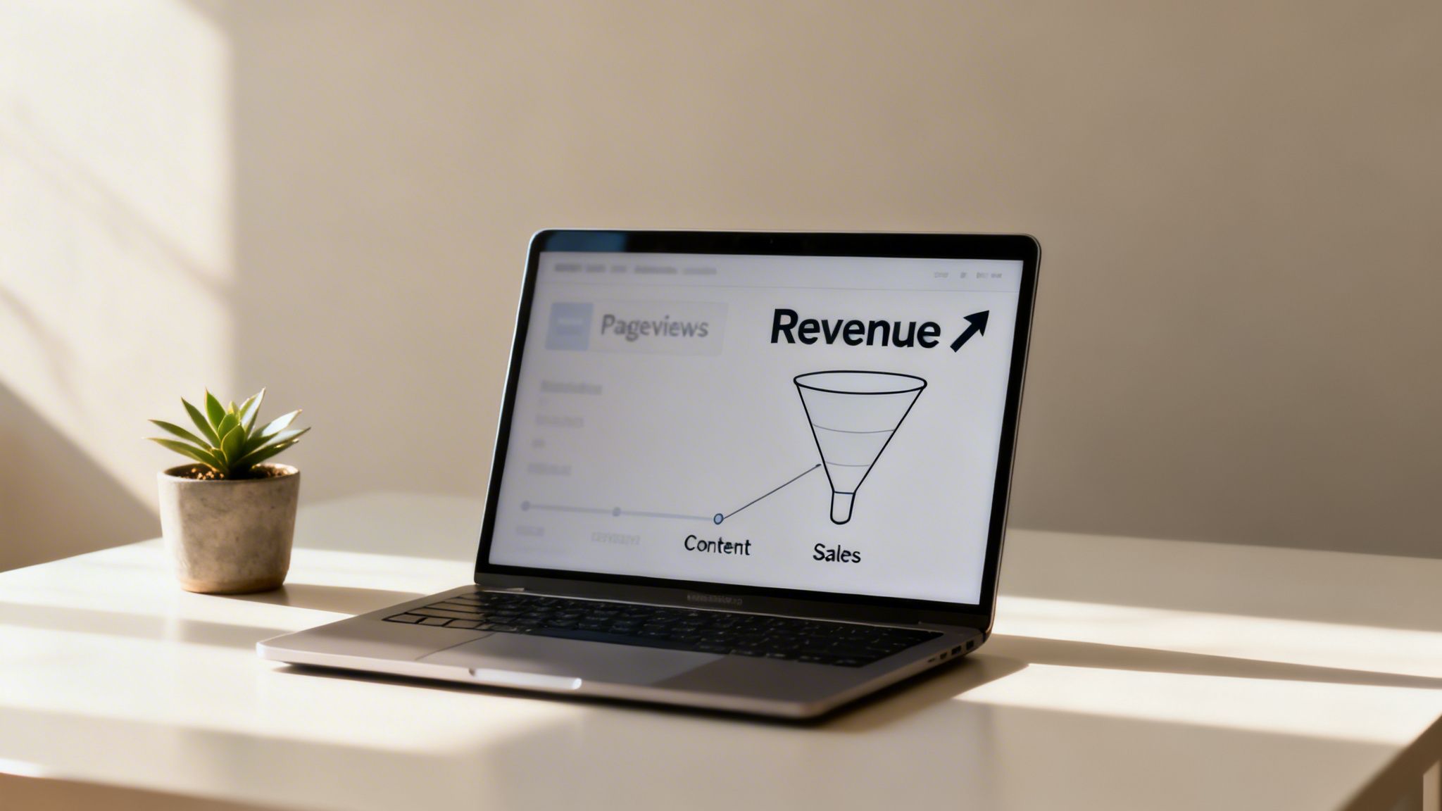 A laptop displays a digital marketing funnel showing content leading to sales and revenue.