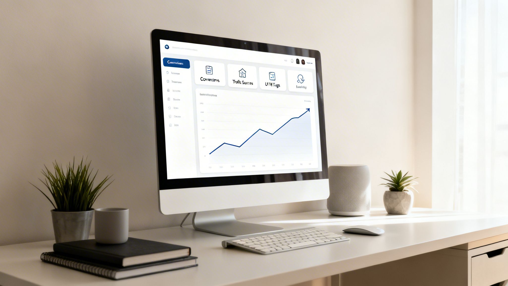 Computer screen on a desk showing a content performance analytics dashboard with an increasing graph.