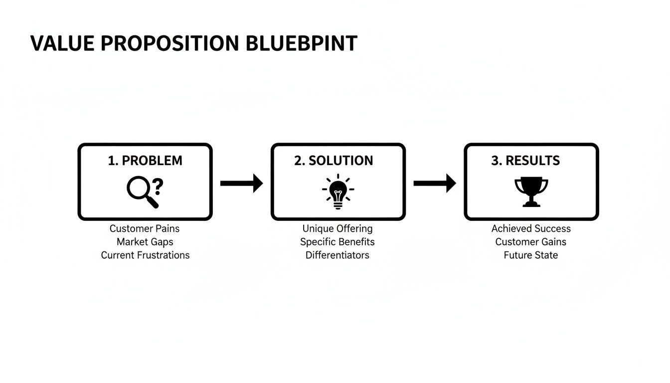 A value proposition blueprint flowchart illustrating problem, solution, and results with key components.