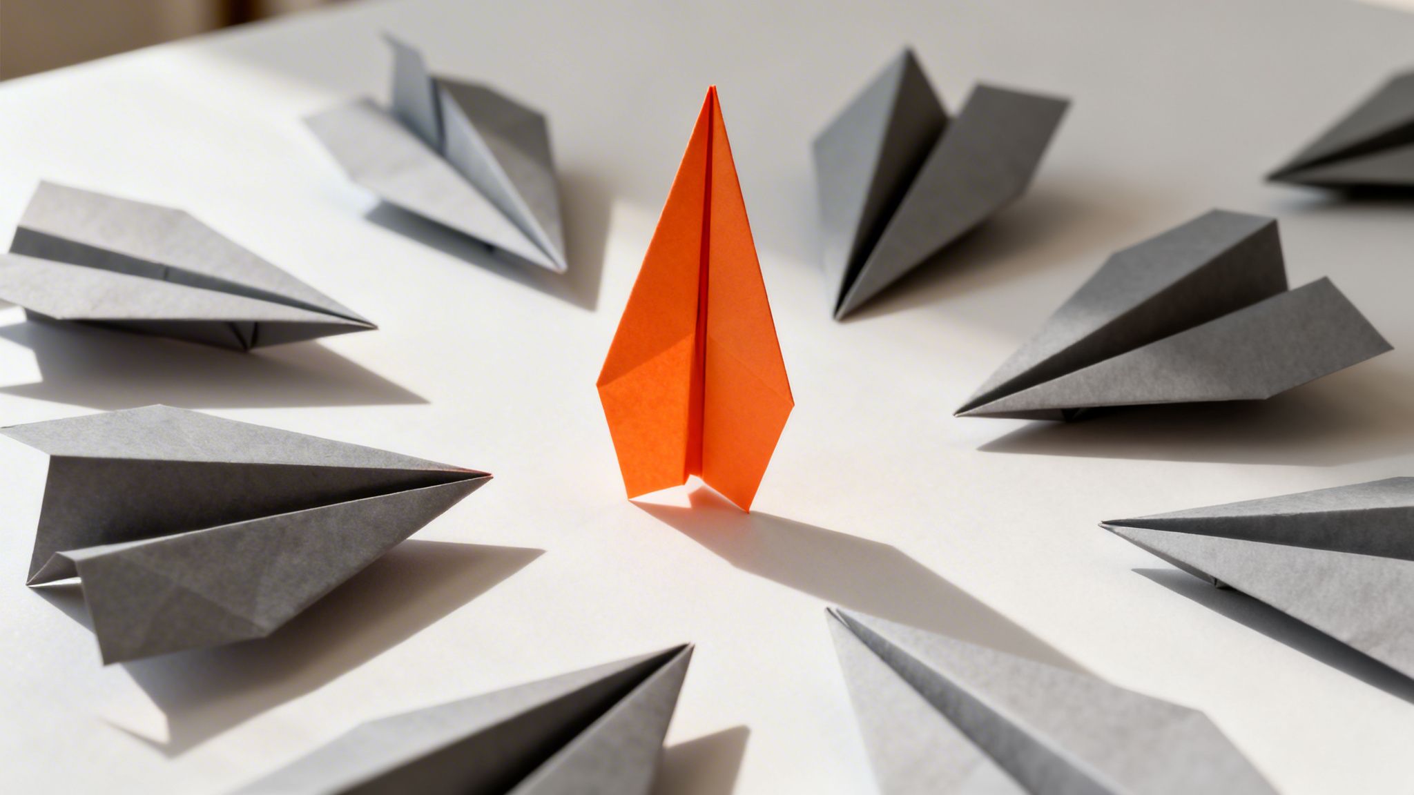 A bright orange paper airplane stands out among numerous grey paper airplanes on a clean white surface, symbolizing leadership.