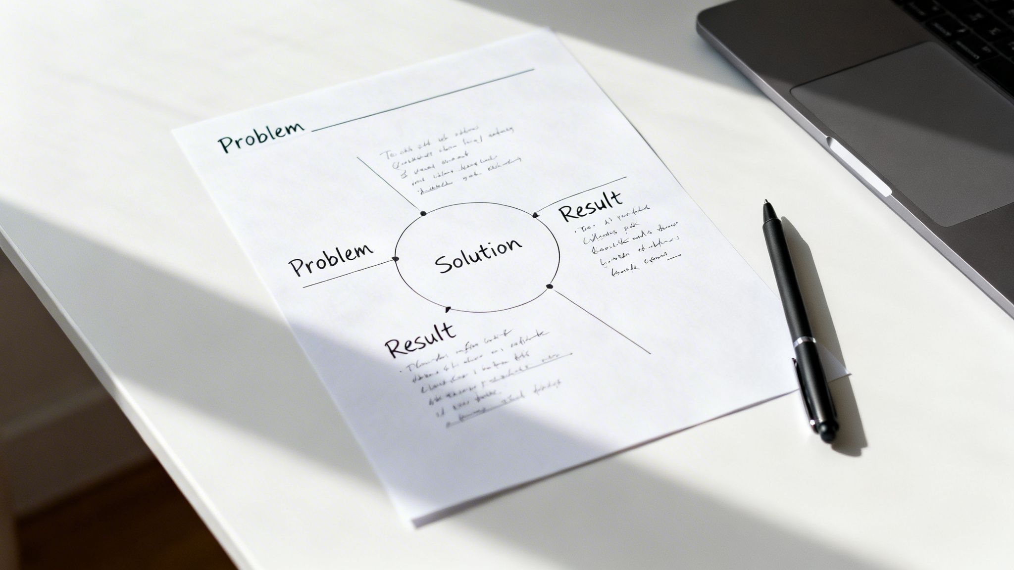 A handwritten problem-solution-result diagram on white paper with a pen and laptop.