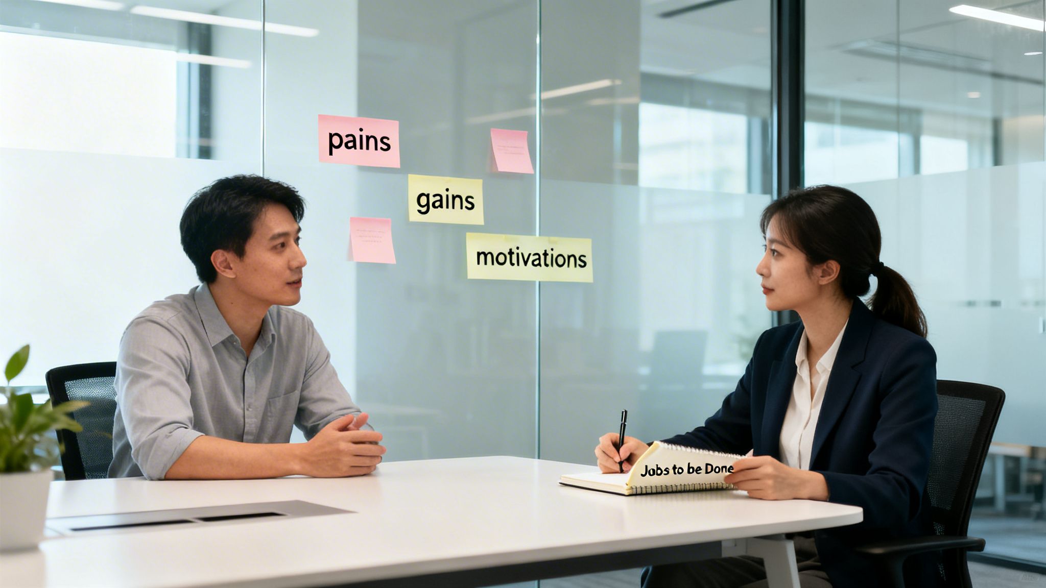 Two professionals in a modern office discuss customer pains, gains, and motivations, writing 'Jobs to be Done'.