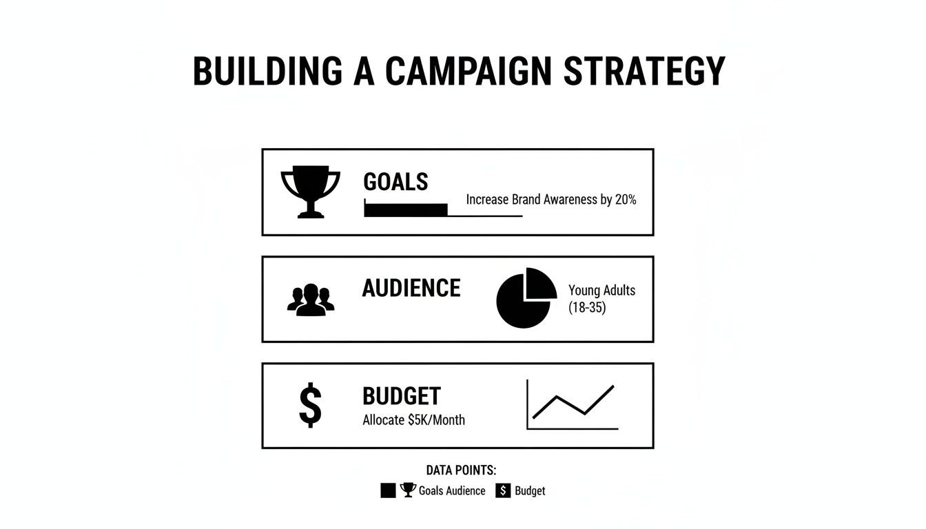 A visual guide detailing a campaign strategy with defined goals, target audience, and budget.