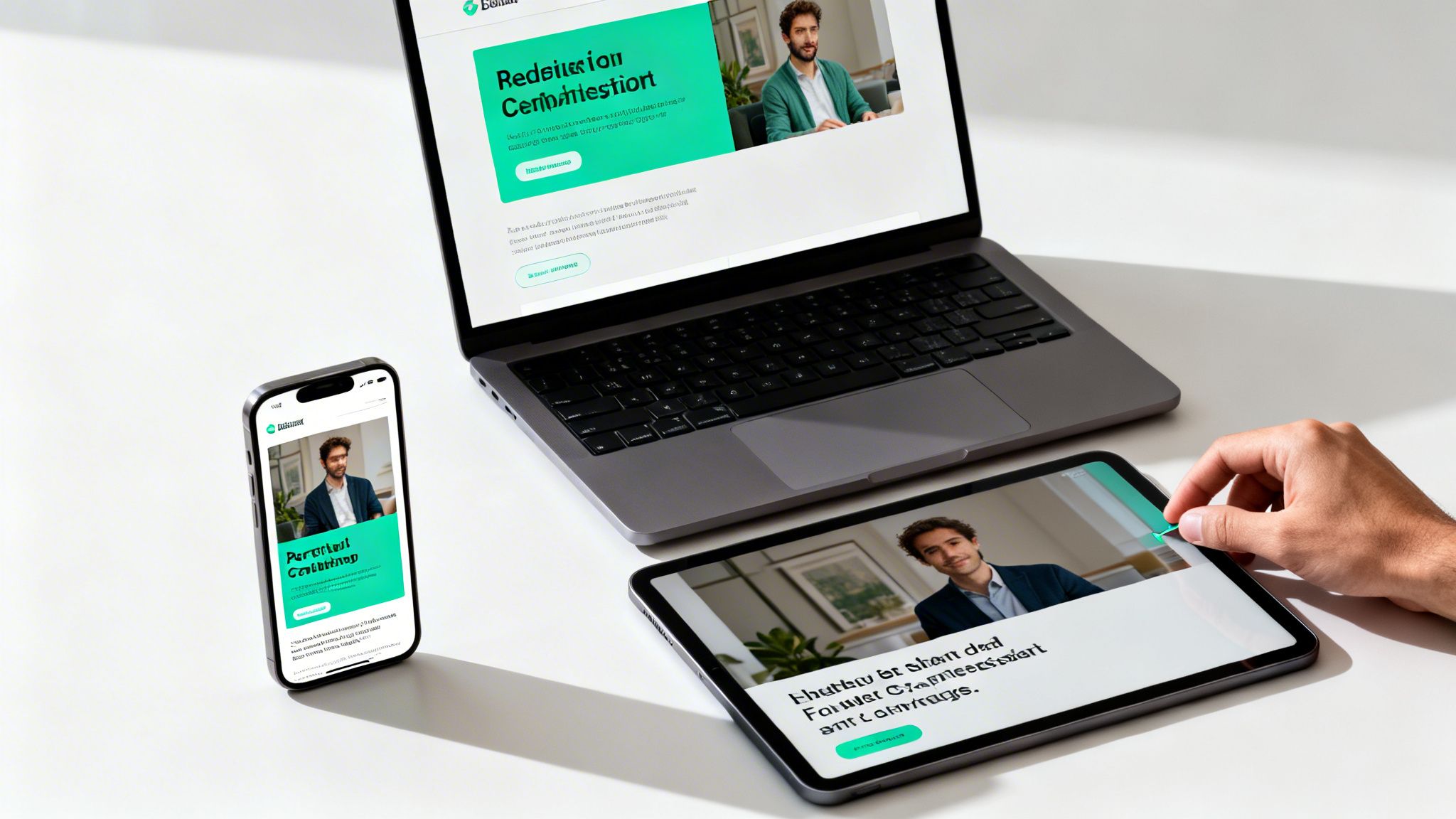 A clean workspace featuring a laptop, smartphone, and tablet displaying a website with a man.