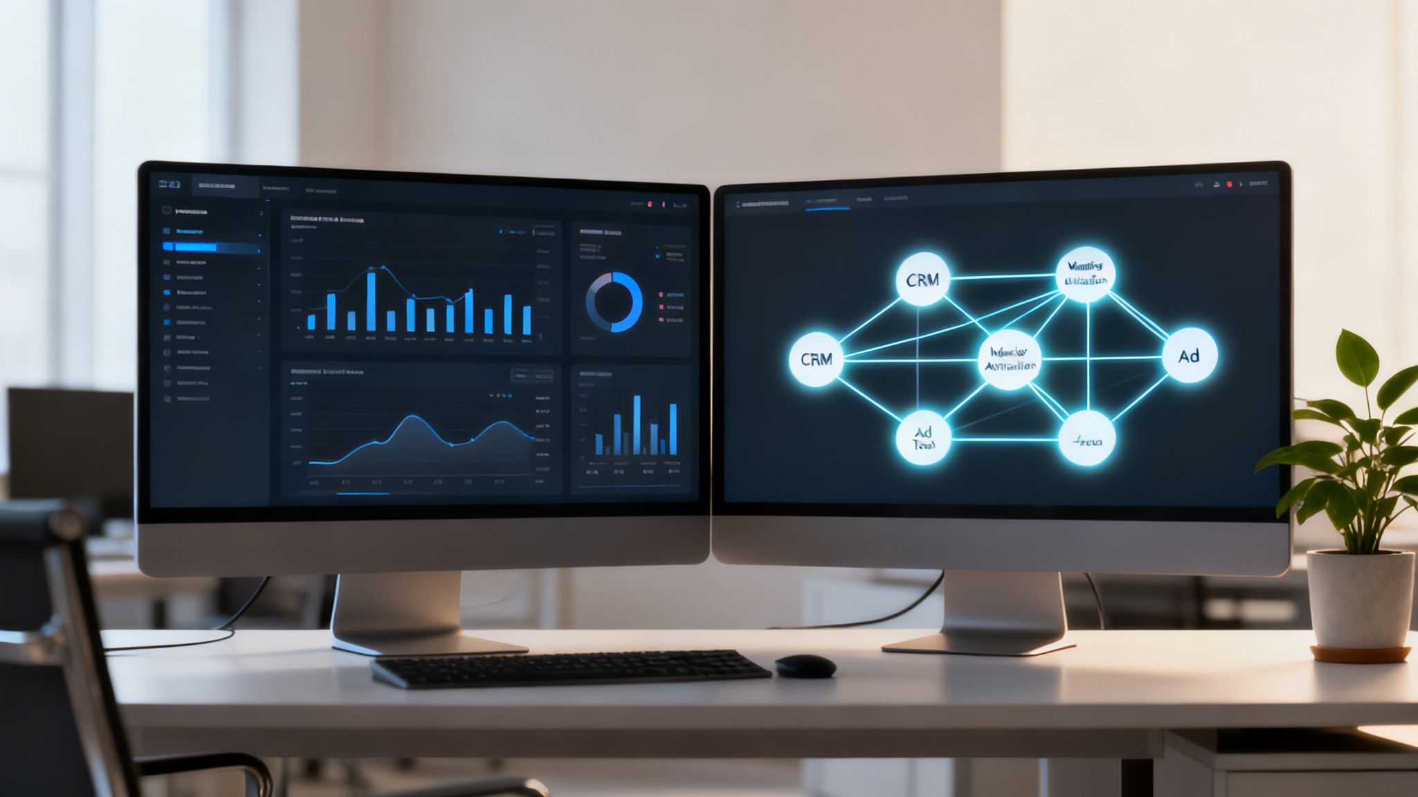 Dual monitors display data dashboards and a network diagram for integrated advertising campaigns.