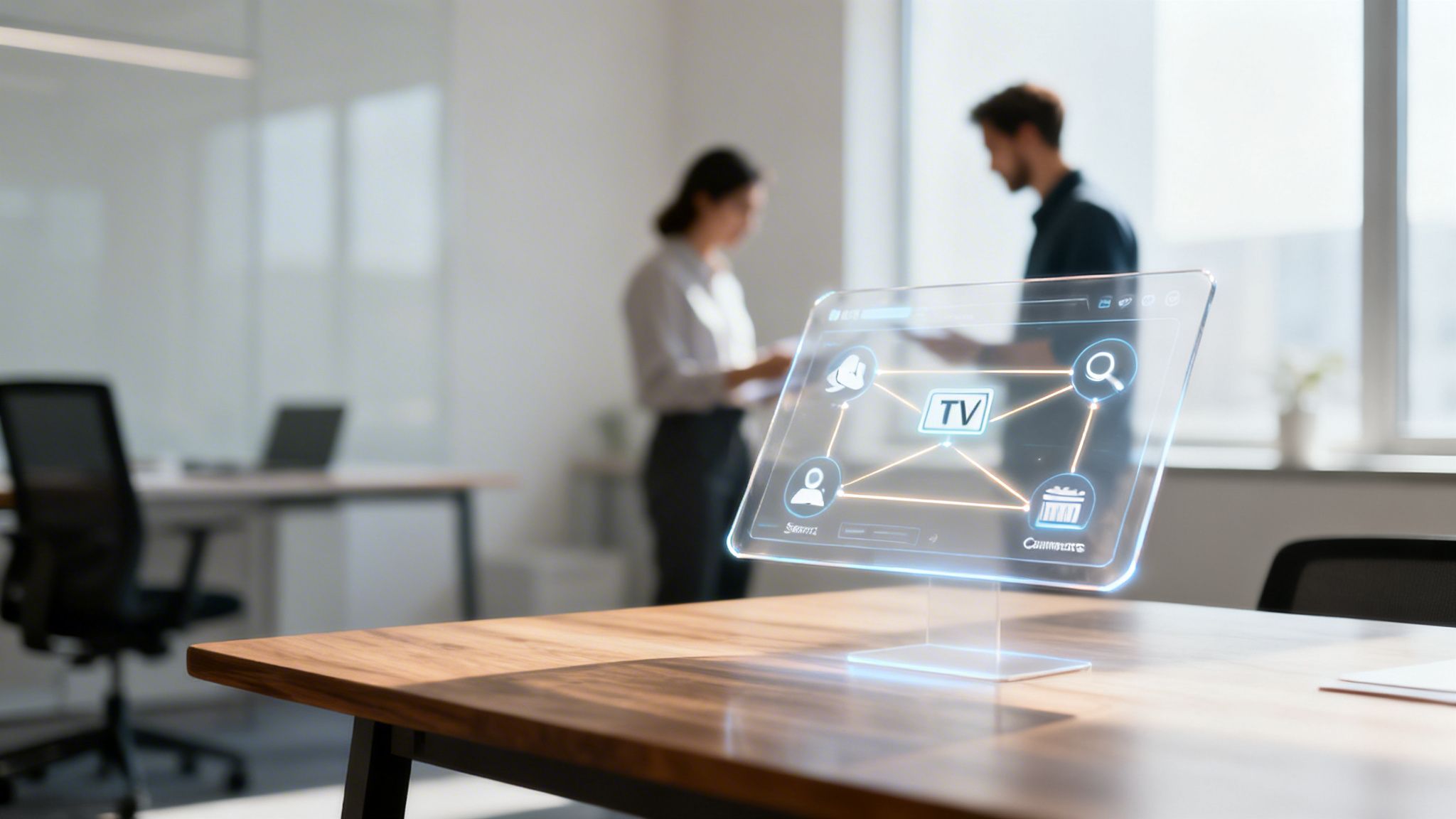 Futuristic transparent tablet displaying a smart network interface on a wooden desk in an office.