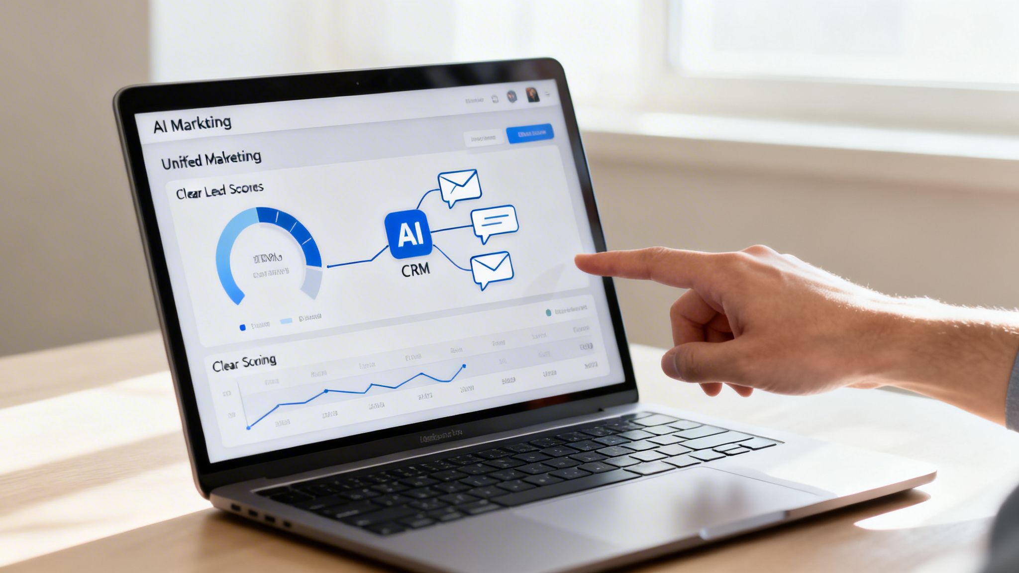 A person's hand pointing at a laptop screen displaying an AI marketing and CRM dashboard with various data visualizations.