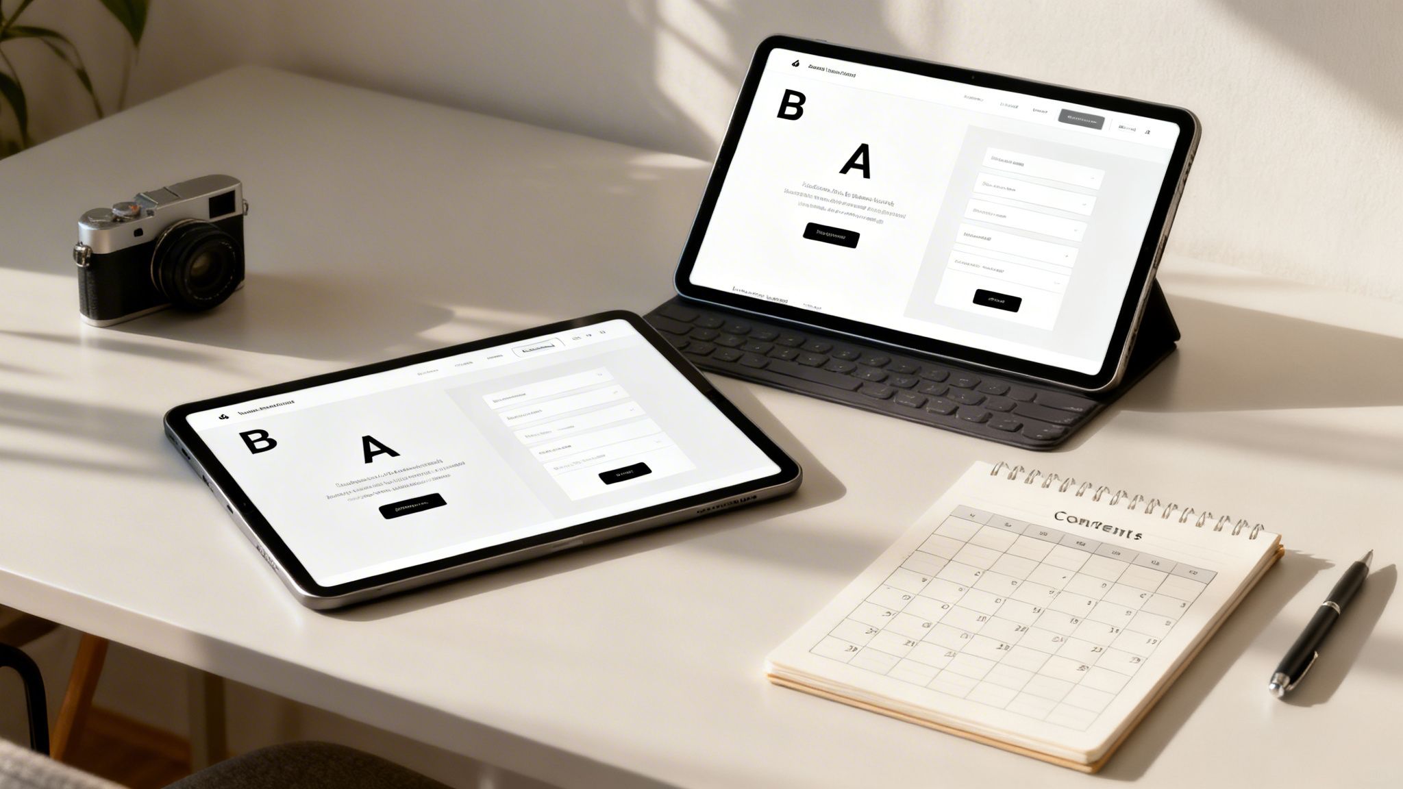 Modern workspace with two tablets displaying digital marketing layouts, a vintage camera, and a calendar.