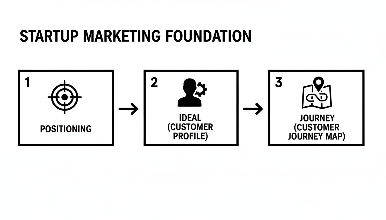 Diagram illustrating the three foundational steps of startup marketing: Positioning, Ideal Customer Profile, and Customer Journey Map.