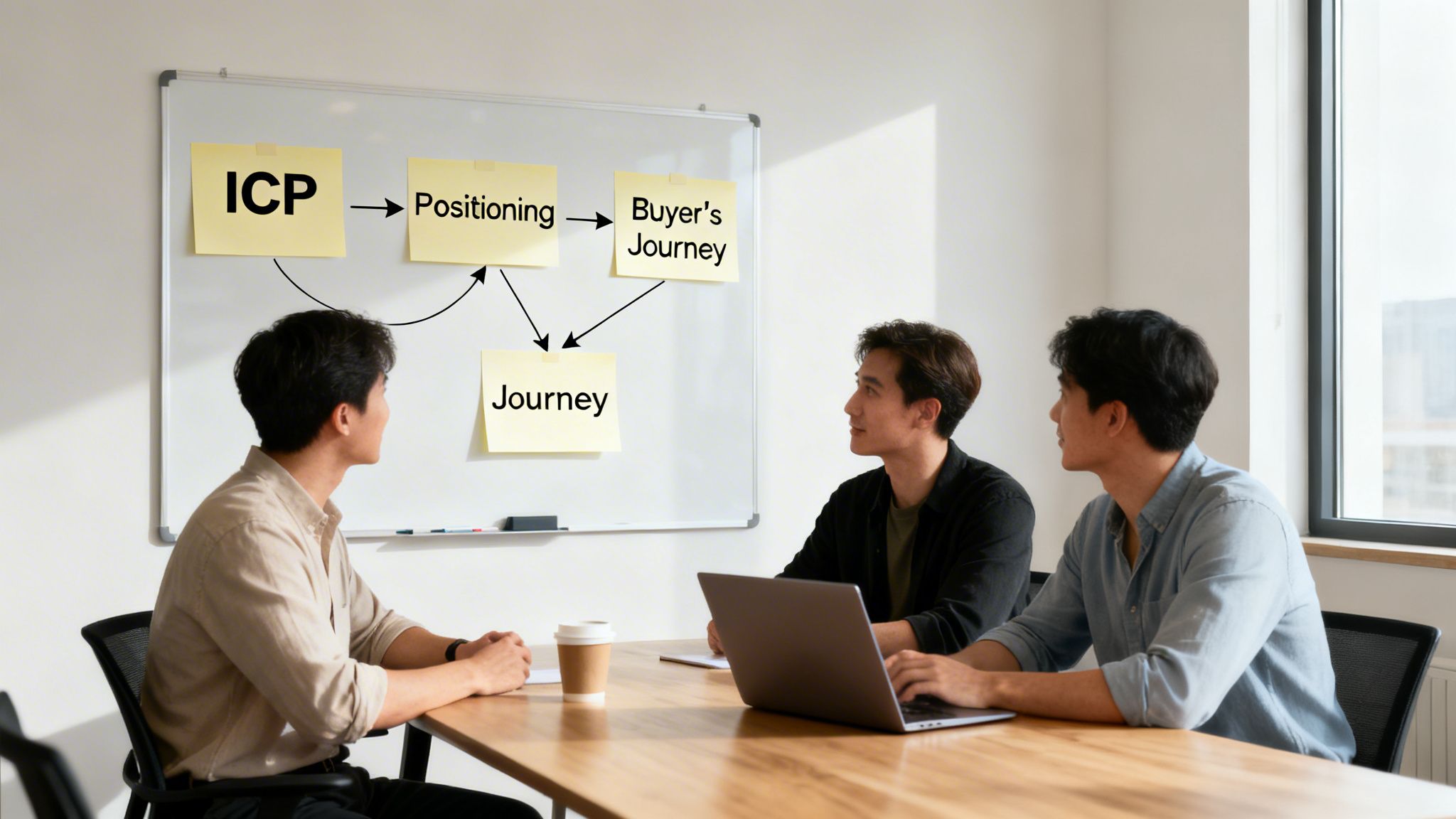Three business professionals in a modern office analyzing a marketing strategy on a whiteboard.