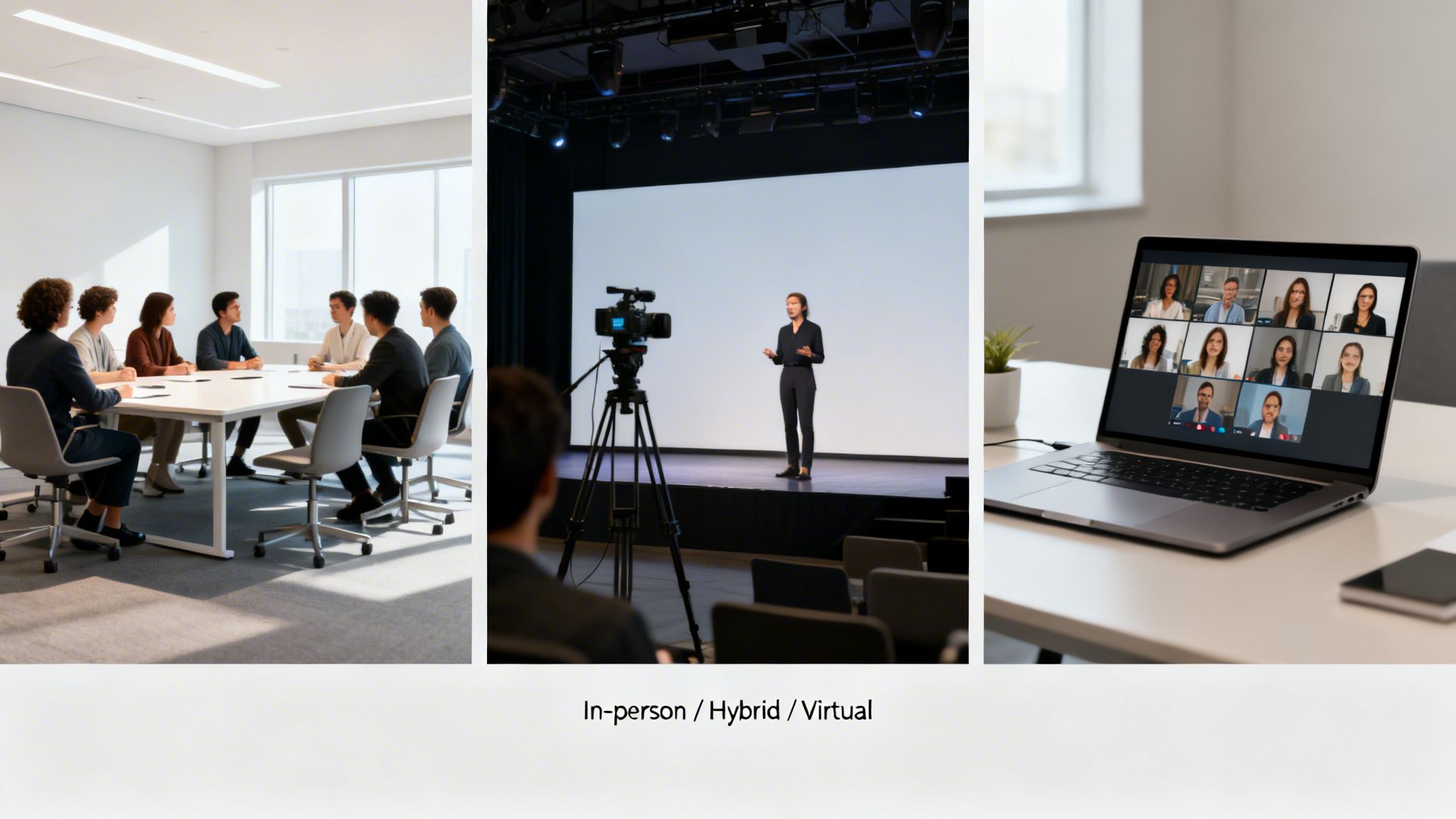 Diverse scenes of in-person, hybrid, and virtual meetings representing modern business communication.