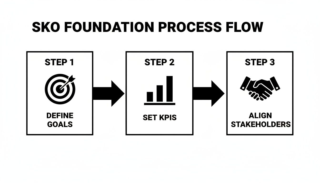 A three-step process flow for SKO Foundation, outlining defining goals, setting KPIs, and aligning stakeholders.