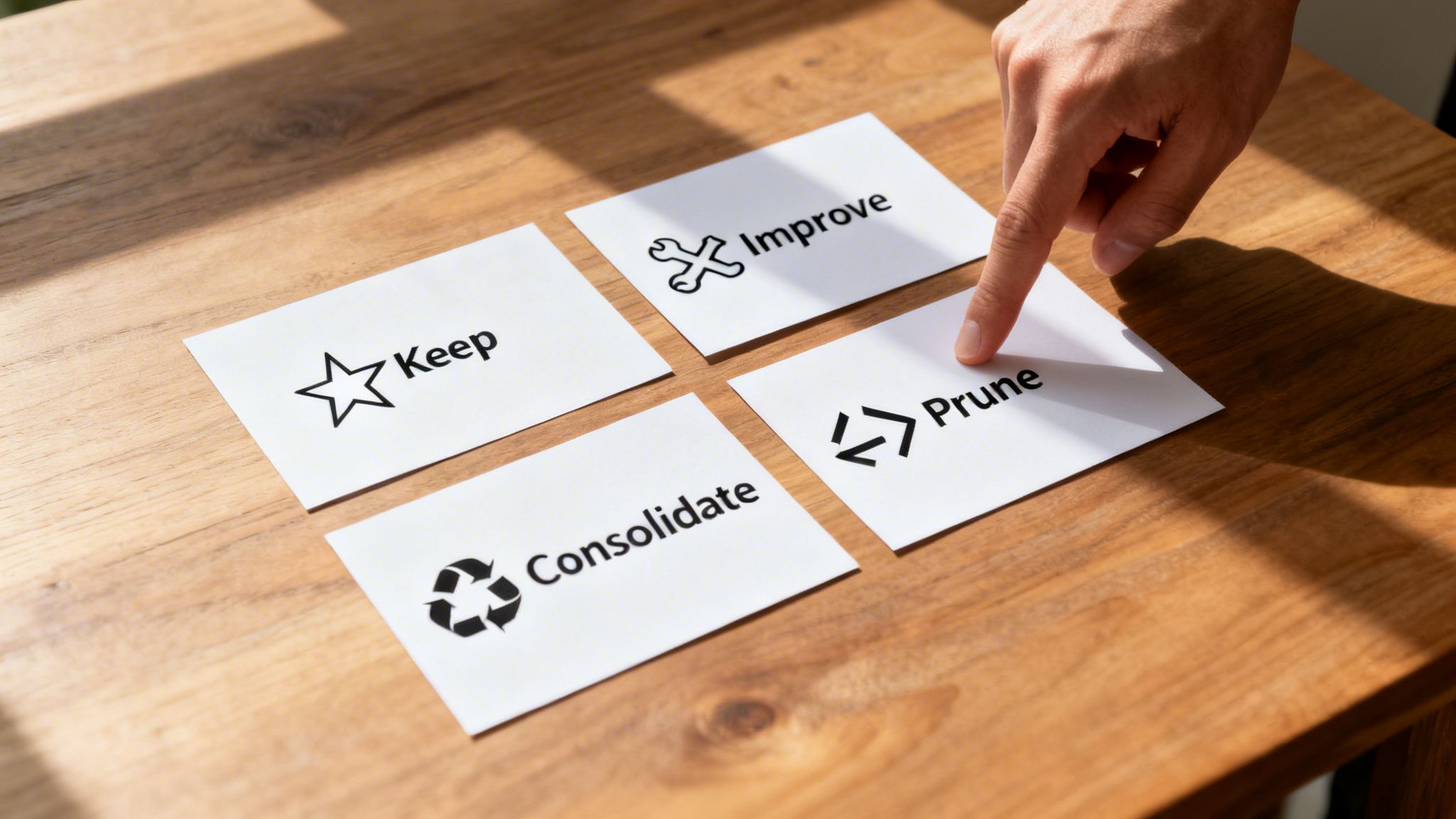 A hand points to a 'Prune' card, among 'Keep,' 'Improve,' and 'Consolidate' cards for a content audit on a wooden desk.