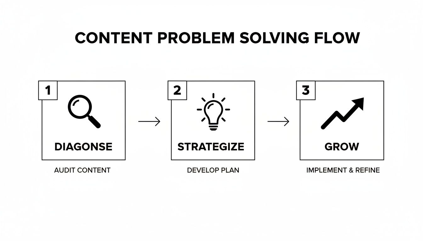 A three-step content problem-solving flow diagram: diagnose, strategize, and grow with descriptions.