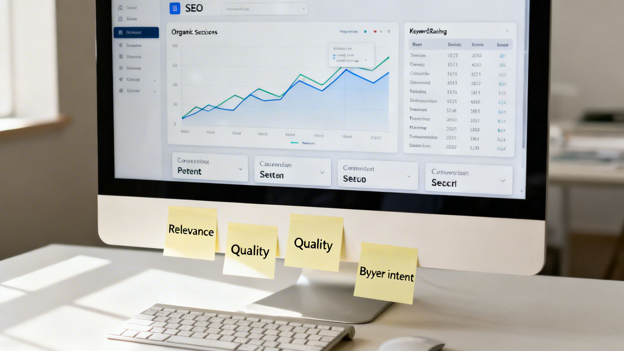 A computer monitor shows an SEO dashboard with charts and data, and sticky notes like 'Relevance' and 'Quality'.